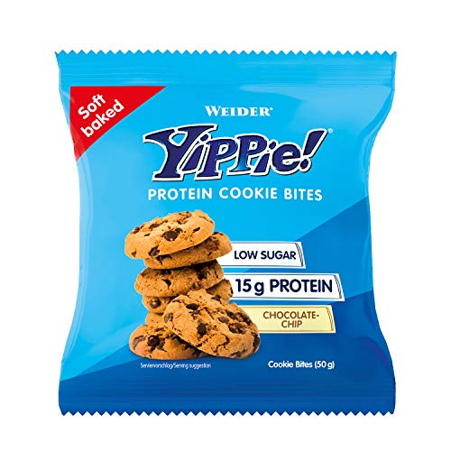 Weider Yippie Cookies. Galletas con Proteína y Chocolate Puro. Sin aceite de palma (6x 50 g). 15 g de proteínas por bolsita. Bajas en azúcar.