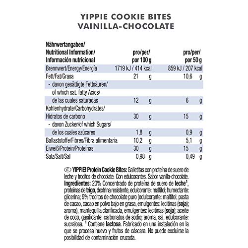 Weider Yippie Cookies. Galletas con Proteína y Chocolate Puro. Sin aceite de palma (6x 50 g). 15 g de proteínas por bolsita. Bajas en azúcar. Weider Yippie Cookies. Galletas con Proteína y Chocolate Puro. Sin aceite de palma (6x 50 g). 15 g de proteínas por bolsita. Bajas en azúcar.