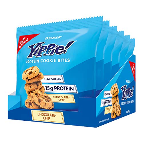 Weider Yippie Cookies. Galletas con Proteína y Chocolate Puro. Sin aceite de palma (6x 50 g). 15 g de proteínas por bolsita. Bajas en azúcar.