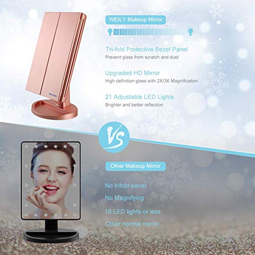 WEILY Espejo de vanidad Triple, 21 LED y Aumento 1X / 2X / 3X, Interruptor táctil para Ajustar el Brillo, Modo de Fuente de alimentación Dual Espejo de Maquillaje (Oro Rosa)