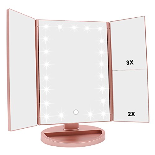 WEILY Espejo de vanidad Triple, 21 LED y Aumento 1X / 2X / 3X, Interruptor táctil para Ajustar el Brillo, Modo de Fuente de alimentación Dual Espejo de Maquillaje (Oro Rosa) WEILY Espejo de vanidad Triple, 21 LED y Aumento 1X / 2X / 3X, Interruptor táctil para Ajustar el Brillo, Modo de Fuente de alimentación Dual Espejo de Maquillaje (Oro Rosa)