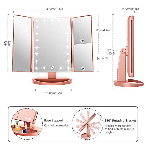 WEILY Espejo de vanidad Triple, 21 LED y Aumento 1X / 2X / 3X, Interruptor táctil para Ajustar el Brillo, Modo de Fuente de alimentación Dual Espejo de Maquillaje (Oro Rosa)