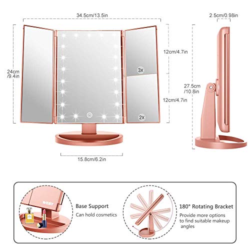 WEILY Espejo de vanidad Triple, 21 LED y Aumento 1X / 2X / 3X, Interruptor táctil para Ajustar el Brillo, Modo de Fuente de alimentación Dual Espejo de Maquillaje (Oro Rosa) WEILY Espejo de vanidad Triple, 21 LED y Aumento 1X / 2X / 3X, Interruptor táctil para Ajustar el Brillo, Modo de Fuente de alimentación Dual Espejo de Maquillaje (Oro Rosa)