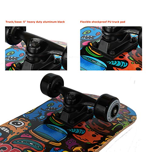 WeLLIFE - Skateboard RGX Tabla Skate (79 x 20 cm en 9 capas de acero diseño cóncavo rueda PU 54 x 36 mm Super Smooth para niños jóvenes adultos Rodamiento ABEC-7RS (DBL 460)