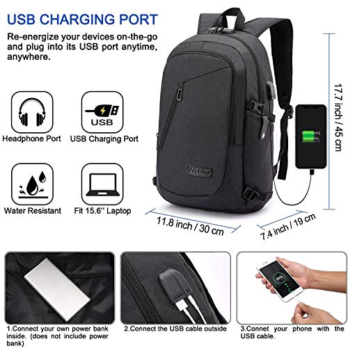 WENIG Mochila Antirrobo Impermeable,Mochila Portatil 15.6 Pulgadas Mochila Hombre con Puerto de Carga USB,Mochila Backpack para el Laptop para Ordenador del Negocio Trabajo Diario Viaje-Negro