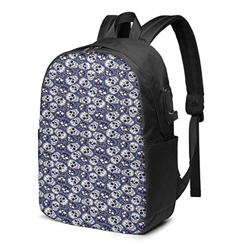 WEQDUJG Mochila Portatil 17 Pulgadas Mochila Hombre Mujer con Puerto USB, Motivos de la Cultura Americana del cráneo Mochila para El Laptop para Ordenador del Trabajo Viaje