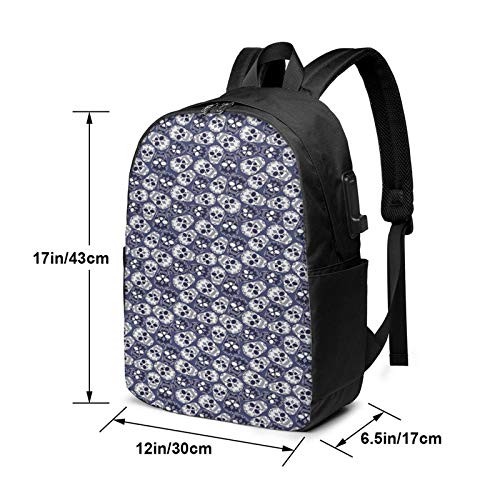 WEQDUJG Mochila Portatil 17 Pulgadas Mochila Hombre Mujer con Puerto USB, Motivos de la Cultura Americana del cráneo Mochila para El Laptop para Ordenador del Trabajo Viaje