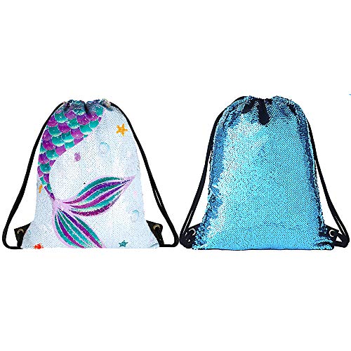 WERNNSAI Mochila con Cordón de Sirena de Lentejuelas - 35 × 45cm Bolsas de Deporte Azul Regalo de cumpleaños de Navidad Impermeable Bolsas de Gimnasia Yoga Gym Sack Saco de Gimnasio