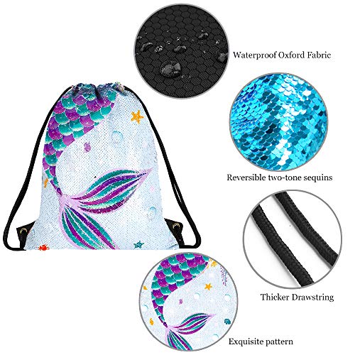 WERNNSAI Mochila con Cordón de Sirena de Lentejuelas - 35 × 45cm Bolsas de Deporte Azul Regalo de cumpleaños de Navidad Impermeable Bolsas de Gimnasia Yoga Gym Sack Saco de Gimnasio