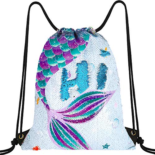 WERNNSAI Mochila con Cordón de Sirena de Lentejuelas - 35 × 45cm Bolsas de Deporte Azul Regalo de cumpleaños de Navidad Impermeable Bolsas de Gimnasia Yoga Gym Sack Saco de Gimnasio