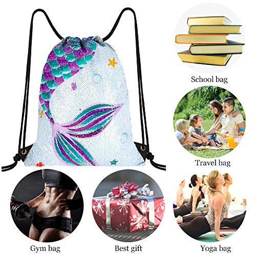 WERNNSAI Mochila con Cordón de Sirena de Lentejuelas - 35 × 45cm Bolsas de Deporte Azul Regalo de cumpleaños de Navidad Impermeable Bolsas de Gimnasia Yoga Gym Sack Saco de Gimnasio