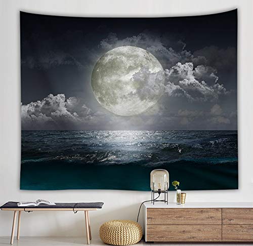WERT Sea Rises Bright Moon Tapiz Colgante de Pared Moon Light Tapices Estilo Fresco Paisaje Mar Negro Hippie Paño de Pared Home Deco A2 73x95cm