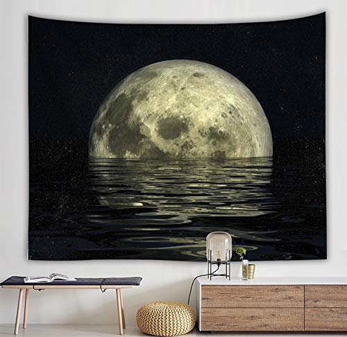 WERT Sea Rises Bright Moon Tapiz Colgante de Pared Moon Light Tapices Estilo Fresco Paisaje Mar Negro Hippie Paño de Pared Home Deco A2 73x95cm