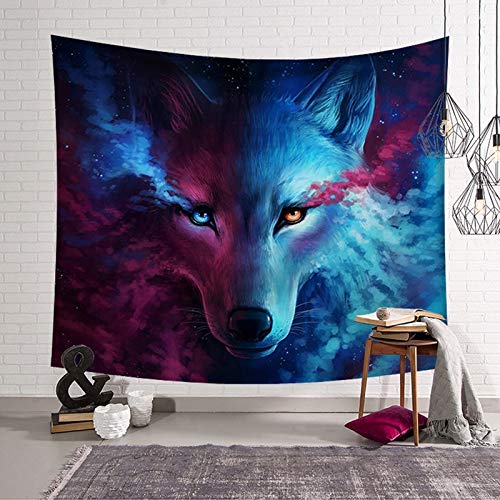 WERT Tapiz de Mandala de Lobo y león, Tapiz Hippie Blanco Negro con Plumas, decoración de Dormitorio, Tapiz psicodélico A14, 200x150cm