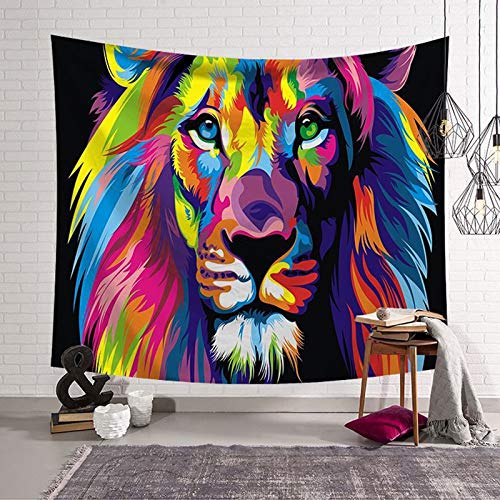 WERT Tapiz de Mandala de Lobo y león, Tapiz Hippie Blanco Negro con Plumas, decoración de Dormitorio, Tapiz psicodélico A14, 200x150cm