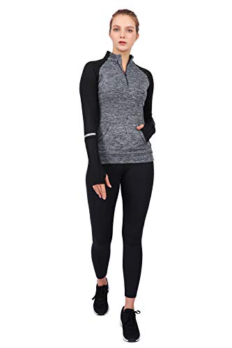 Westkun Camiseta de Manga Larga para Mujer Sudadera de Half Zip Deporte Chaqueta Yoga Casual Corriendo Pull-Over Tops con Agujeros para los Pulgares(Gris,L)