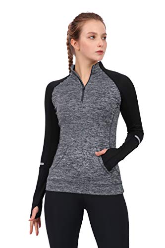 Westkun Camiseta de Manga Larga para Mujer Sudadera de Half Zip Deporte Chaqueta Yoga Casual Corriendo Pull-Over Tops con Agujeros para los Pulgares(Gris,L)