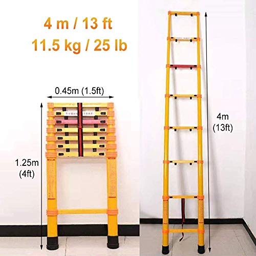 WGEMXC Escalera Telescópica, Escalera para el Hogar, 13 Pies con Ganchos Desmontables, Escalera Extensible Antideslizante de Aislamiento para Energía/Loft, Naranja,Los 4M / 13Ft,Los 4M / 13Ft