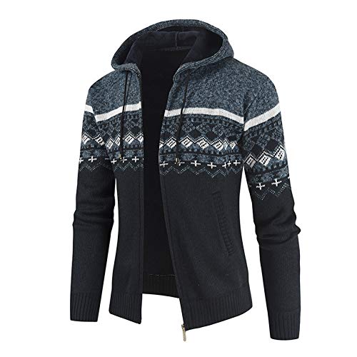 WHYX Chaqueta de Punto para Hombre Sudaderas con Capucha de Lana cálida Cordón cálido Cremallera Completa Cardigans de Punto Floral Chaqueta con Capucha de Elasticidad Abrigo con Bolsillos Azul 3XL