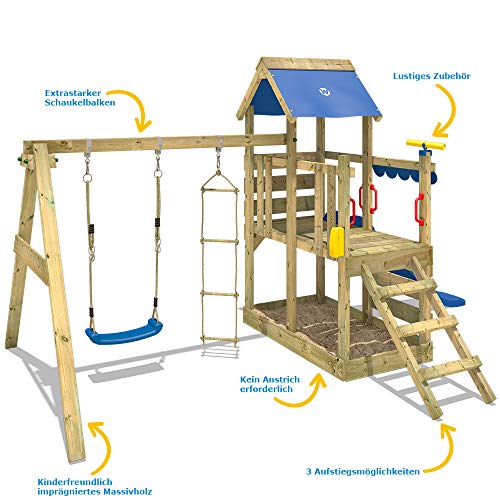 WICKEY Parque infantil de madera TurboFlyer con columpio y tobogán azul, Torre de escalada da exterior con arenero y escalera para niños