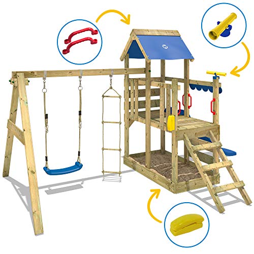 WICKEY Parque infantil de madera TurboFlyer con columpio y tobogán azul, Torre de escalada da exterior con arenero y escalera para niños