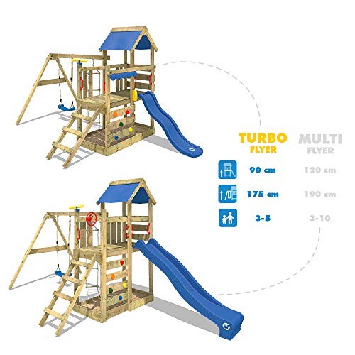 WICKEY Parque infantil de madera TurboFlyer con columpio y tobogán azul, Torre de escalada da exterior con arenero y escalera para niños
