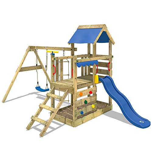 WICKEY Parque infantil de madera TurboFlyer con columpio y tobogán azul, Torre de escalada da exterior con arenero y escalera para niños