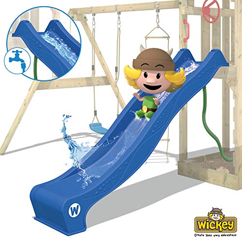 WICKEY Parque infantil de madera TurboFlyer con columpio y tobogán azul, Torre de escalada da exterior con arenero y escalera para niños