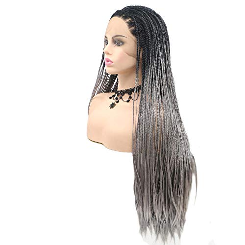 Wig Moda Peluca De Pelo Rizado De Longitud Completa Natural Cordón Frontal Fibra Química Tres Hebras De Cabello, Peluca Realista, Degradado Negro Y Gris