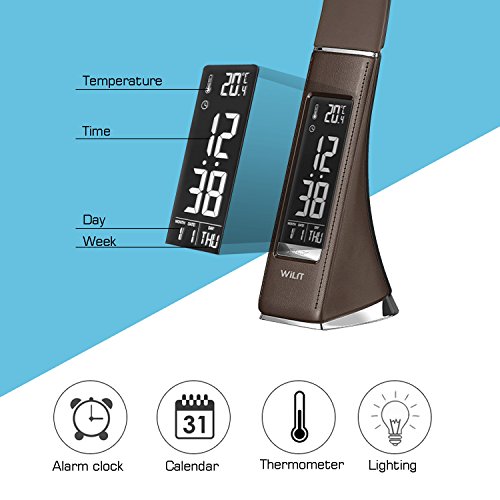 WILIT U2 Lámpara Escritorio Reloj Despertador, LED Flexo de Escritorio con Pantalla Regulable, Calendario, Indicador de Temperatura, 5W Lámpara de Mesa de Noche Táctil, 3 Niveles de Brillo, Marrón