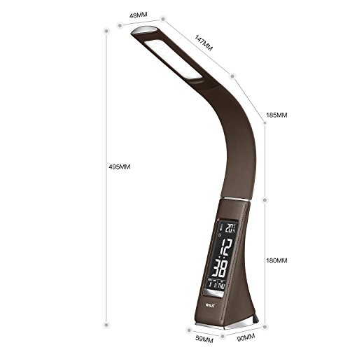 WILIT U2 Lámpara Escritorio Reloj Despertador, LED Flexo de Escritorio con Pantalla Regulable, Calendario, Indicador de Temperatura, 5W Lámpara de Mesa de Noche Táctil, 3 Niveles de Brillo, Marrón