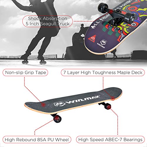WIN.MAX Completo Skateboard para Principiantes 31"x8" 7 Capas Monopatín de Madera de Arce con rodamientos ABEC-7 Tabla de Skateboard(Celt)