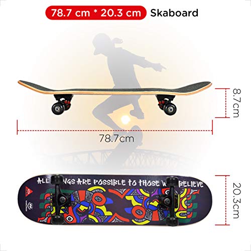WIN.MAX Completo Skateboard para Principiantes 31"x8" 7 Capas Monopatín de Madera de Arce con rodamientos ABEC-7 Tabla de Skateboard(Celt)