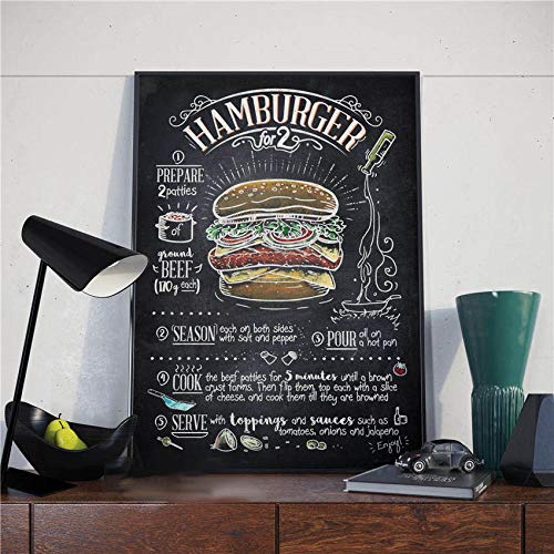 WJWGP Hamburguesa Caliente Perro Rápido Alimentos Poster Cocina Hogar Decoracion Guardería Pared Arte Niños Habitación HD Calidad Lienzo Pintura Negro Blanco Cuadros 60x85cm No Marco