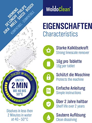 WoldoClean Pastillas descalcificadoras 20x 16g para máquinas de café - Totalmente automáticas compatibles con Todas Las máquinas de café WoldoClean Pastillas descalcificadoras 20x 16g para máquinas de café - Totalmente automáticas compatibles con Todas Las máquinas de café