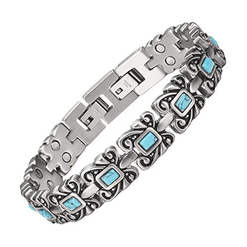 Wollet Jewelry - Pulsera de plata tibetana y turquesa, de 18,5 cm, para mujer, terapia magnética, incluye 2 piedras de turquesa