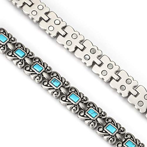 Wollet Jewelry - Pulsera de plata tibetana y turquesa, de 18,5 cm, para mujer, terapia magnética, incluye 2 piedras de turquesa