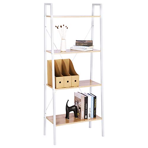 WOLTU Estantería Escalera Librería Organizador Multifuncional con 4 Estantes para Sala de Estar Blanco + Roble Claro RGB9283whe