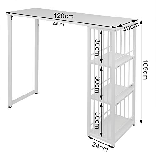 WOLTU Mesa de Bar Mesa de Bistro Mesa de Comedor con 3 Estantes, Estructura de Metal, MDF, 120x40x105cm (WxDxH) Blanco BT26ws