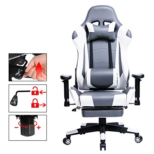 WOLTU Racing Silla, Gaming Silla de Escritorio Silla Oficina Silla de Ordenador Silla giratoria de Oficina Ajustable Silla Gris+Blanco BS14grw