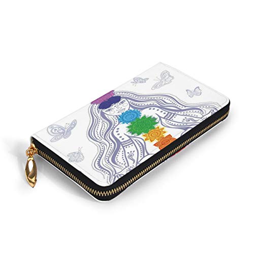 Women's Long Leather Card Holder Purse Zipper Buckle Elegant Clutch Wallet, Girl In Lotus with Colorful Chakra Stones Yoga Meditation Relax Zen Theme Oriental,Sleek and Slim Travel Purse Women's Long Leather Card Holder Purse Zipper Buckle Elegant Clutch Wallet, Girl In Lotus with Colorful Chakra Stones Yoga Meditation Relax Zen Theme Oriental,Sleek and Slim Travel Purse