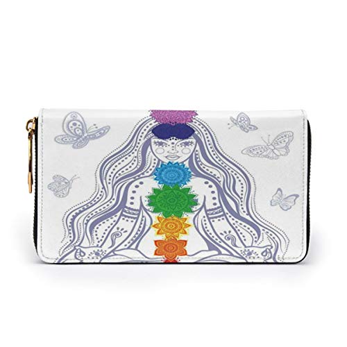 Women's Long Leather Card Holder Purse Zipper Buckle Elegant Clutch Wallet, Girl In Lotus with Colorful Chakra Stones Yoga Meditation Relax Zen Theme Oriental,Sleek and Slim Travel Purse