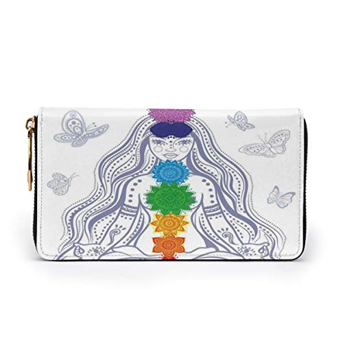 Women's Long Leather Card Holder Purse Zipper Buckle Elegant Clutch Wallet, Girl In Lotus with Colorful Chakra Stones Yoga Meditation Relax Zen Theme Oriental,Sleek and Slim Travel Purse Women's Long Leather Card Holder Purse Zipper Buckle Elegant Clutch Wallet, Girl In Lotus with Colorful Chakra Stones Yoga Meditation Relax Zen Theme Oriental,Sleek and Slim Travel Purse