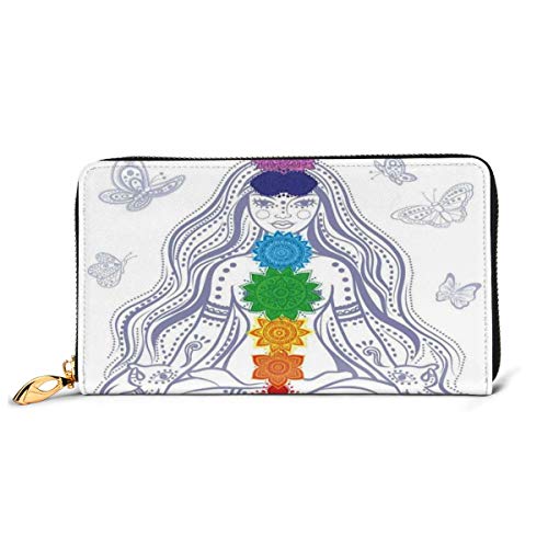 Women's Long Leather Card Holder Purse Zipper Buckle Elegant Clutch Wallet, Girl In Lotus with Colorful Chakra Stones Yoga Meditation Relax Zen Theme Oriental,Sleek and Slim Travel Purse