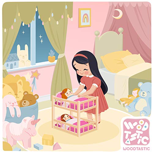 WOODTASTIC Litera de Madera para Muñecas Bebé de hasta 36 cm, con Juego de Cama de Lino Color Rosa WOODTASTIC Litera de Madera para Muñecas Bebé de hasta 36 cm, con Juego de Cama de Lino Color Rosa