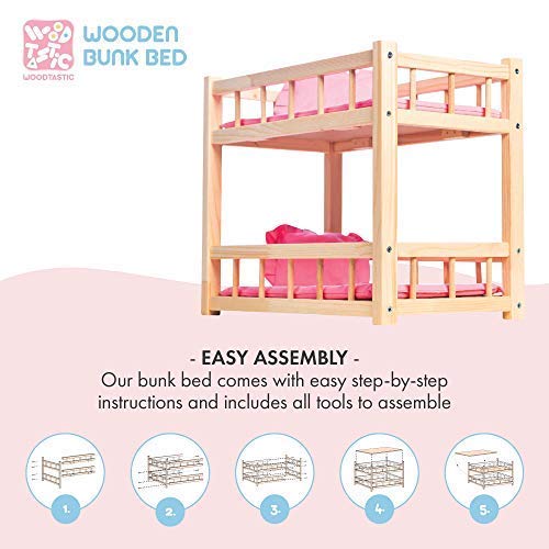 WOODTASTIC Litera de Madera para Muñecas Bebé de hasta 36 cm, con Juego de Cama de Lino Color Rosa WOODTASTIC Litera de Madera para Muñecas Bebé de hasta 36 cm, con Juego de Cama de Lino Color Rosa