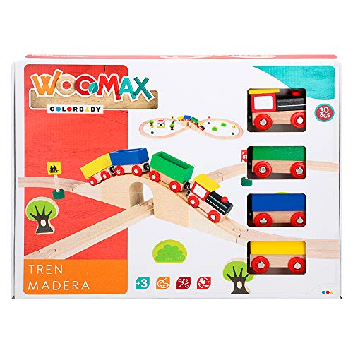 WOOMAX-Tren de madera y vías 30 piezas, (ColorBaby 43629)