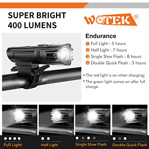 WOTEK Luces para Bicicleta LED Impermeable, Luces Bicicleta Delantera y Trasera Recargable USB, 4 Modos de Lluminación Linterna LED Batería de 2000mA para Ciclismo Carretera y Montaña para la Noche