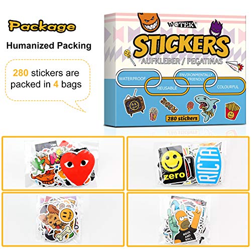 WOTEK Pegatinas, 280PCS Pegatinas Moto Impermeable y Repetible, DIY Pegatinas Skate HD con PCV y Vinilos, Juego de Stickers Amplio Uso para Maleta, Patineta, Móvil, Ordenador, Botella, Bicicleta, Moto