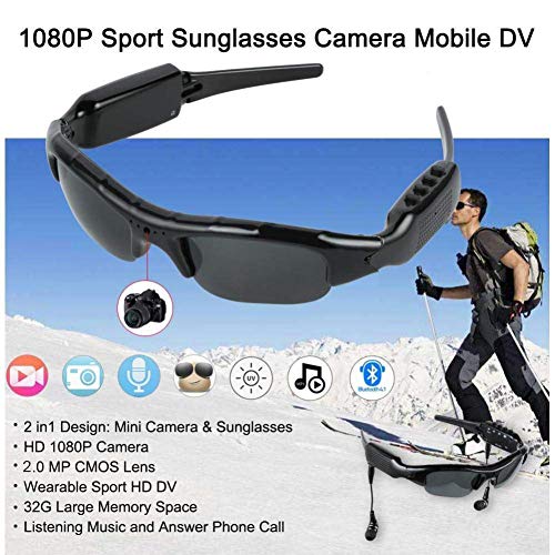 WOTUMEO Multifuncionales Gafas de Sol Bluetooth HD 1080P Cámara Mini DV Vídeo Manos Libres Gafas De Conducción Deportes Ciclismo Gafas De Sol Gafas Inteligentes con Tarjeta de Memoria de 8 GB